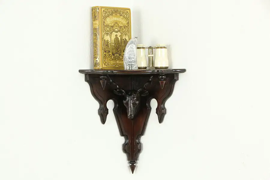 Main image of Black Forest Antique Walnut Corner Wall Shelf, Carved Deer Head Sculpture