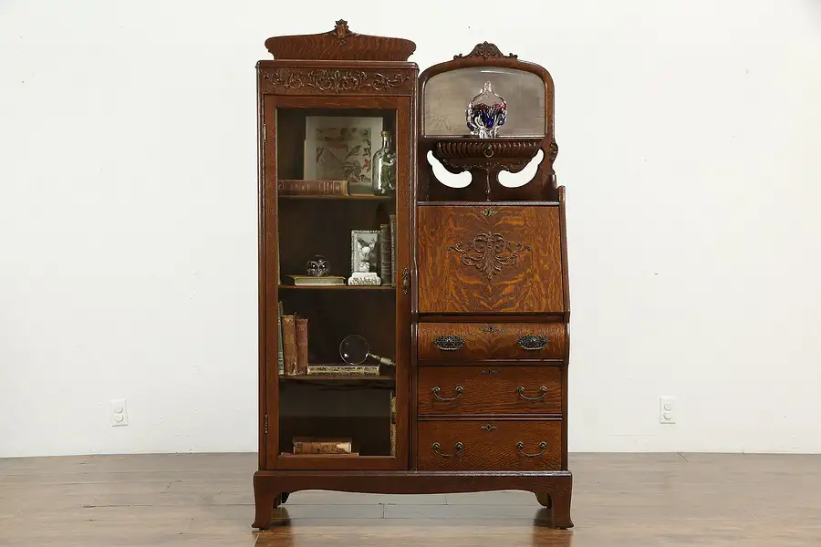 Main image of Victorian Antique Carved Oak Side by Side Secretary Desk & Bookcase