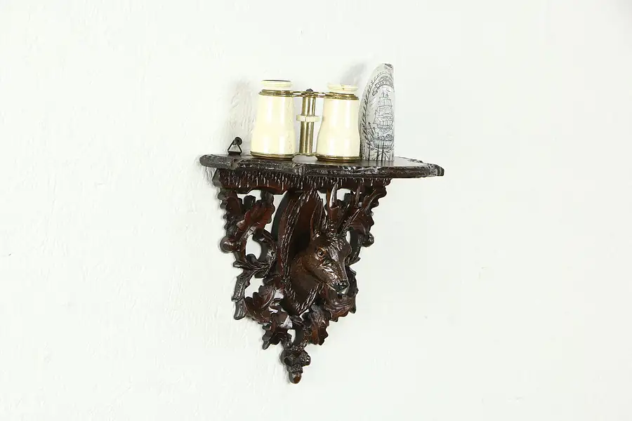 Main image of Black Forest Antique Carved Walnut Wall Shelf, Deer, Oak Leaf & Acorns