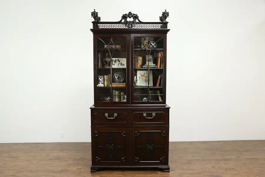 Main image of English Antique 1850 Carved Mahogany 8' 8" Secretary Desk & Bookcase