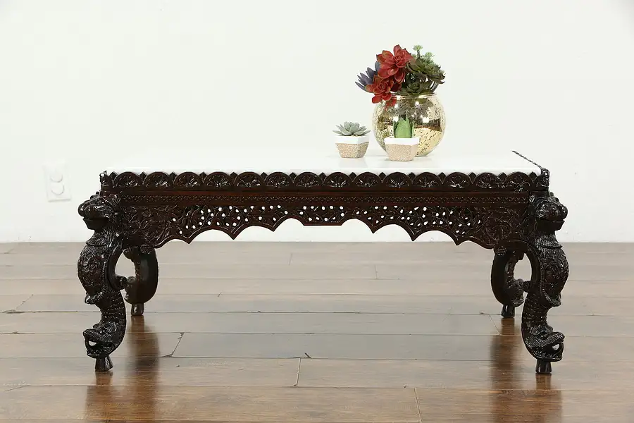 Main image of Teak Antique British Indian Coffee Table, Carved Lions, Marble Top