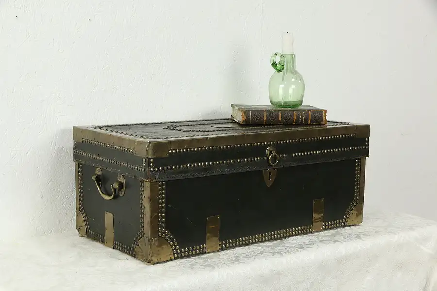 Main image of Leather & Brass Bound Child Size Antique English Chest or Trunk