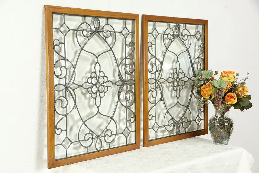 Main image of Victorian Pair of Antique Beveled Hand Leaded Glass Windows with Jewels