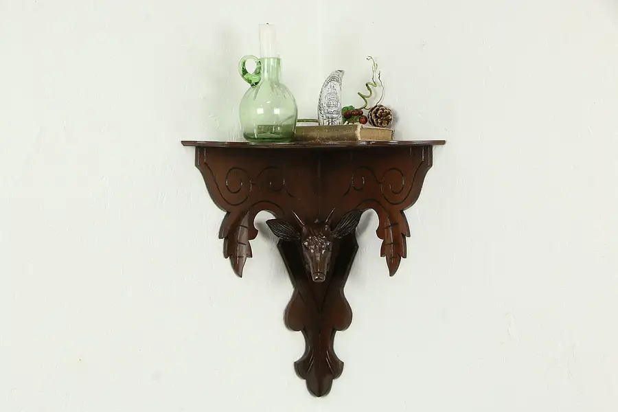 Main image of Victorian Antique Corner Wall Shelf, Carved Walnut Deer Head Sculpture