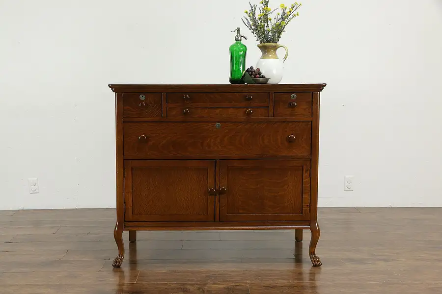 Main image of Oak Quarter Sawn Antique Sideboard, Server or Buffet, Carved Paw Feet