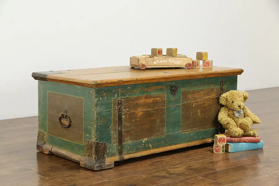 Main image of Country Pine Antique 1840 Immigrant Trunk, Chest or Coffee Table