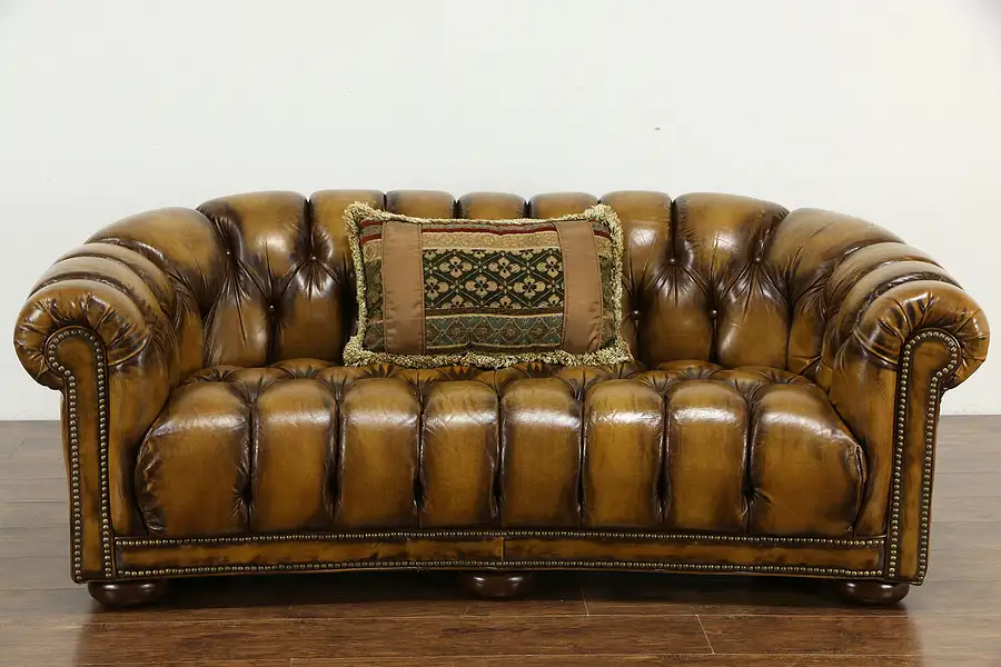 Main image of Chesterfield Vintage Tufted Leather Sofa, Brass Nailhead Trim