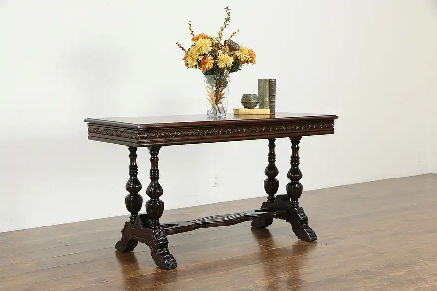 Main image of English Tudor Antique 1915 Console or Sofa Table, Banded Matched Burl Top