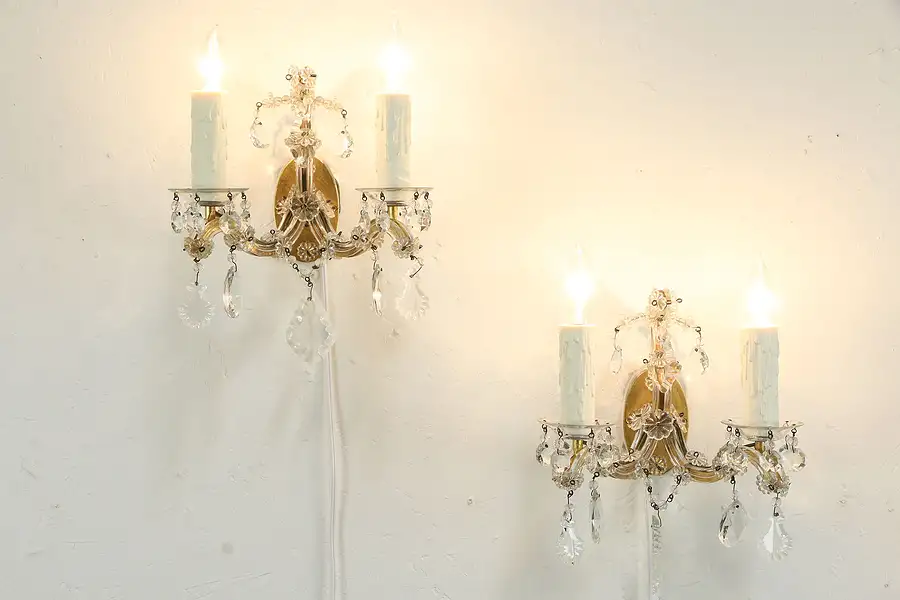 Main image of Pair of Vintage Double Candle Wall Sconces, Crystal Prisms