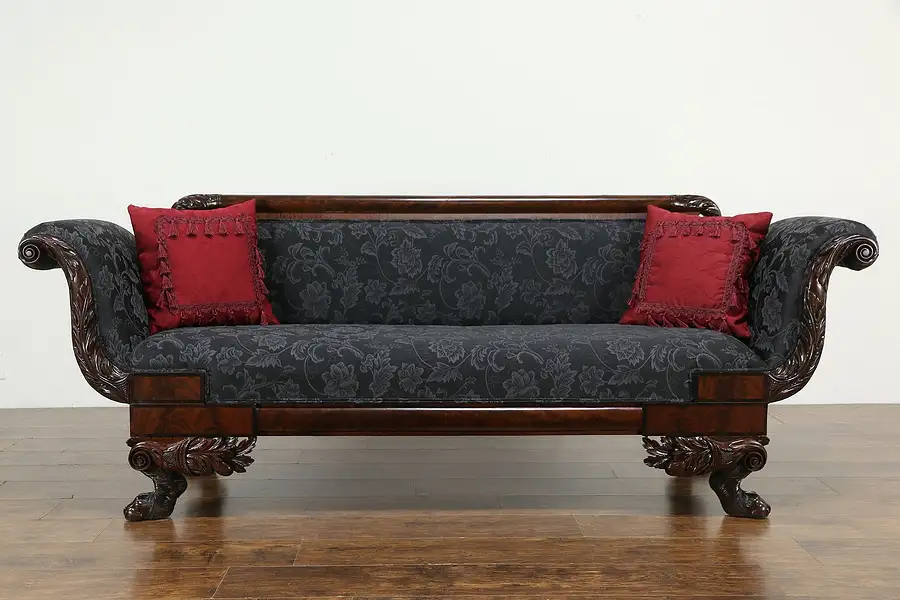 Main image of Empire 1825 Antique Mahogany Sofa Acanthus & Lion Paws, New Upholstery