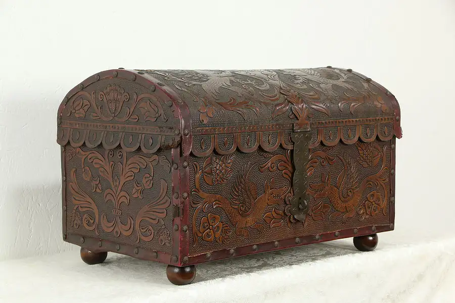 Main image of Scandinavian Treasure or Jewelry Chest or Trunk, Tooled Leather Dragons