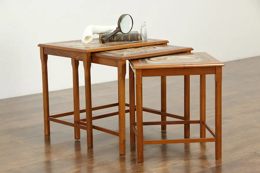 Main image of Set of 3 Midcentury Modern Teak Nesting Table, Tile Tops