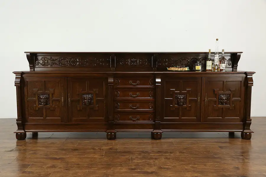 Main image of Oak Antique 11' Sideboard, Server, Buffet, Back Bar or TV Console, Faces