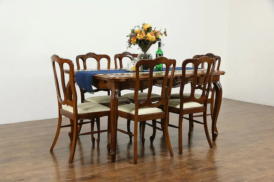 Main image of Oak Country French Provincial Vintage Dining Set, Table, Leaves, 6 Chairs