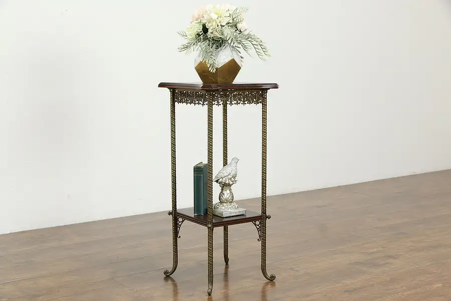 Main image of Victorian Antique Oak & Brass Plant Stand or Sculpture Pedestal, Detroit