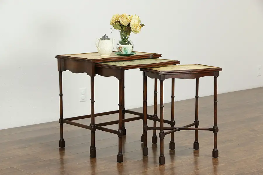 Main image of Set of 3 Antique Mahogany Hand Painted Nesting Tables