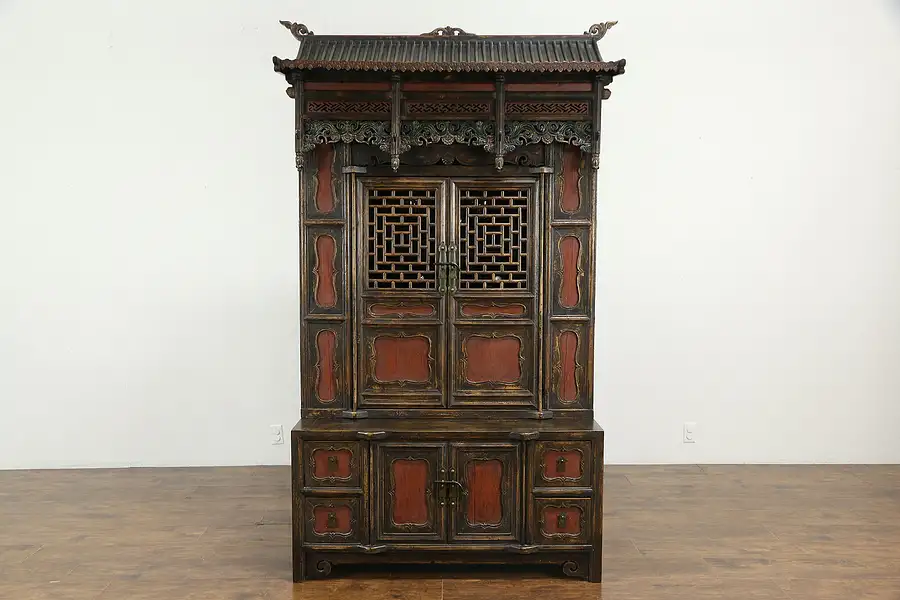 Main image of Chinese Vintage Carved Hand Painted Architectural Cabinet, Wine Rack