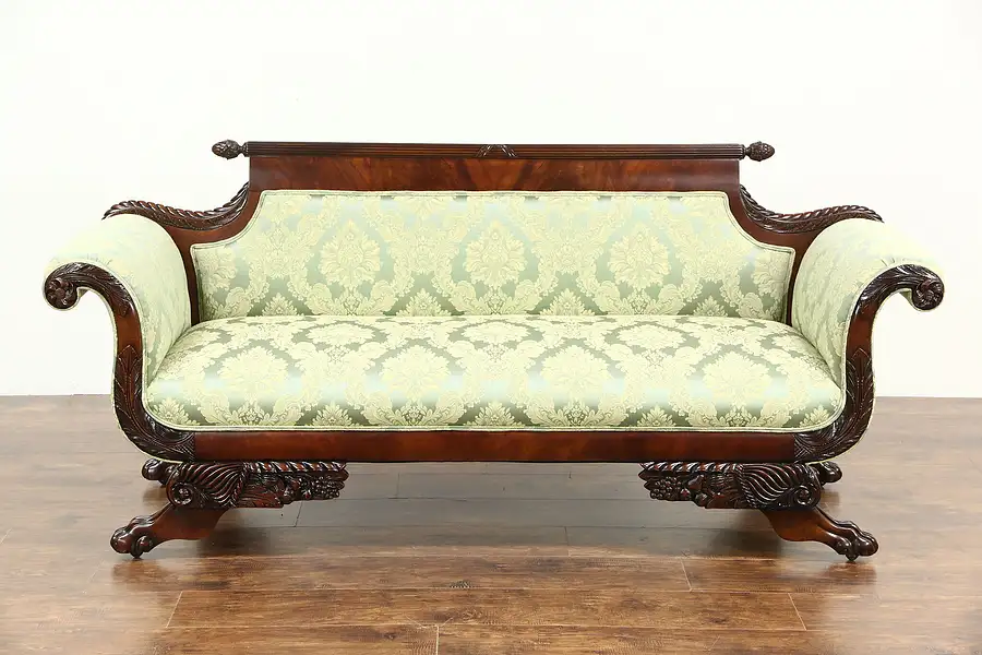 Main image of Empire 1900 Antique Mahogany Sofa, Carved Paw Feet, New Upholstery