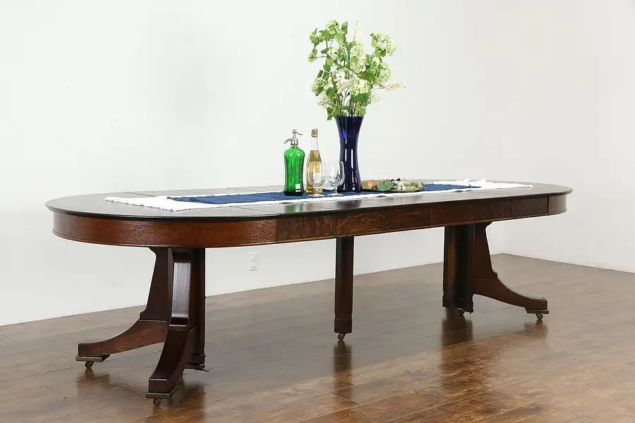 Main image of Quarter Sawn Mission Oak Antique 48" Craftsman Dining Table, 6 Leaves