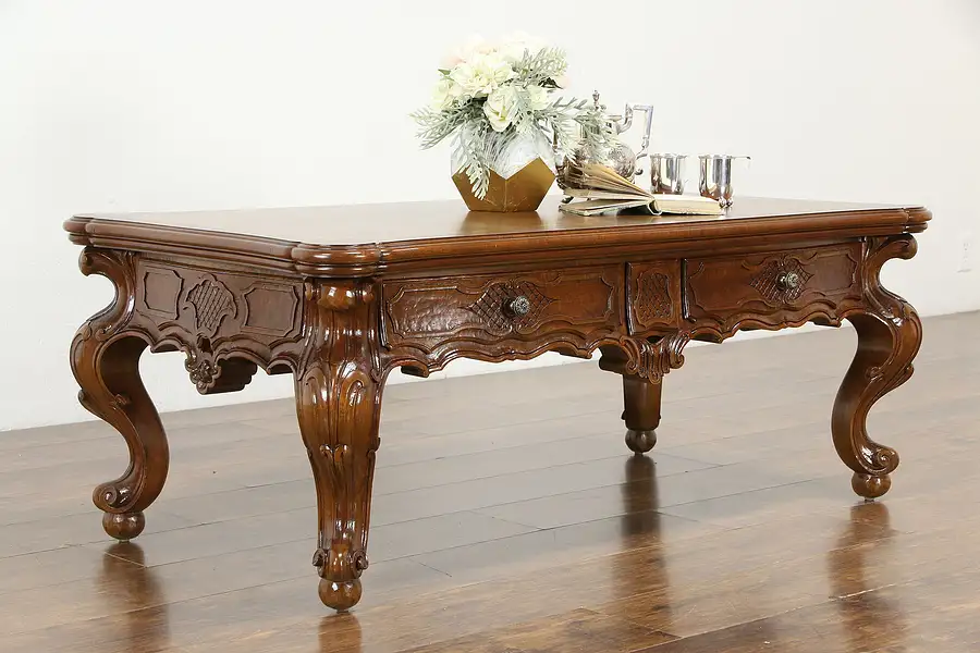 Main image of Italian Vintage Carved Walnut Coffee Table, Inlaid Top, Secret Drawers