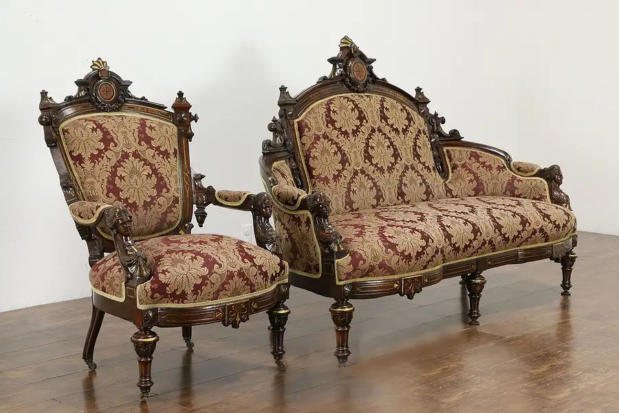 Main image of Victorian Renaissance Antique Walnut Sofa & Chair Set, Gold Leaf, Jelliff