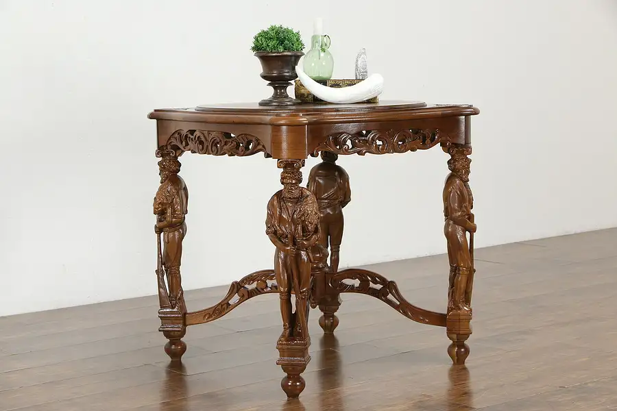 Main image of Hunting Lodge Antique Walnut Hall Center Table, Carved Hunter Sculptures