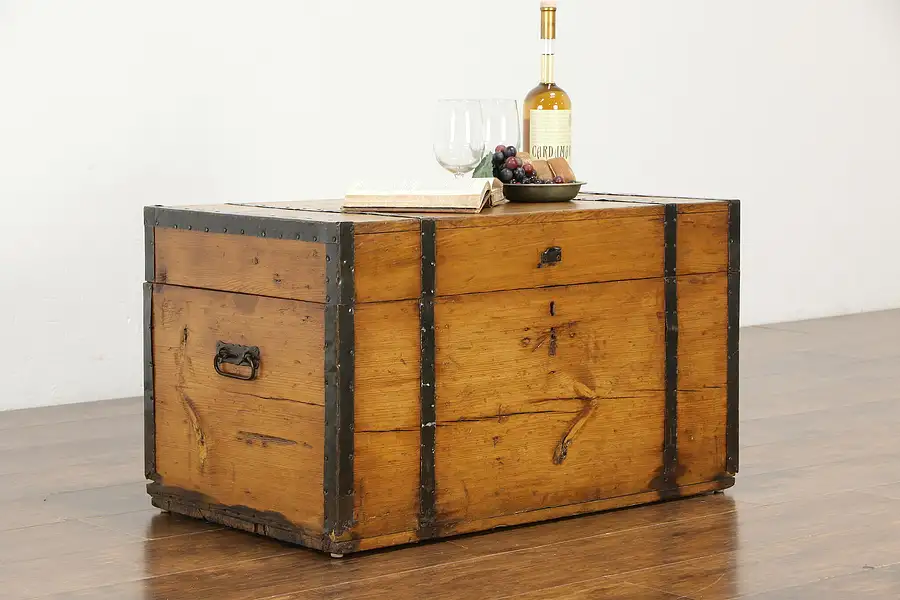 Main image of Country Pine 1870 Antique Farmhouse Pine Trunk, Chest or Coffee Table