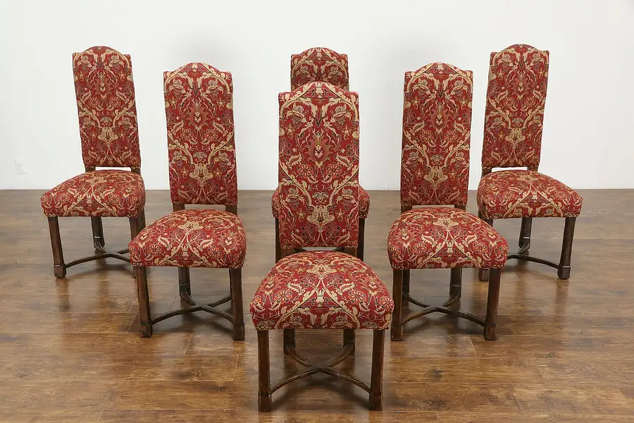 Main image of Set of 6 Spanish Colonial Farmhouse Oak Dining Chairs, New Upholstery