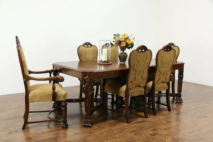 Main image of Renaissance Carved Antique Walnut Dining Set, Table, 6 Chairs, New Fabric