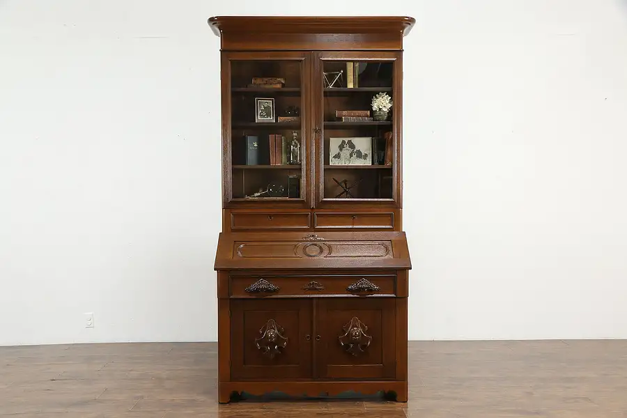 Main image of Victorian Antique Carved Walnut Secretary Desk & Bookcase