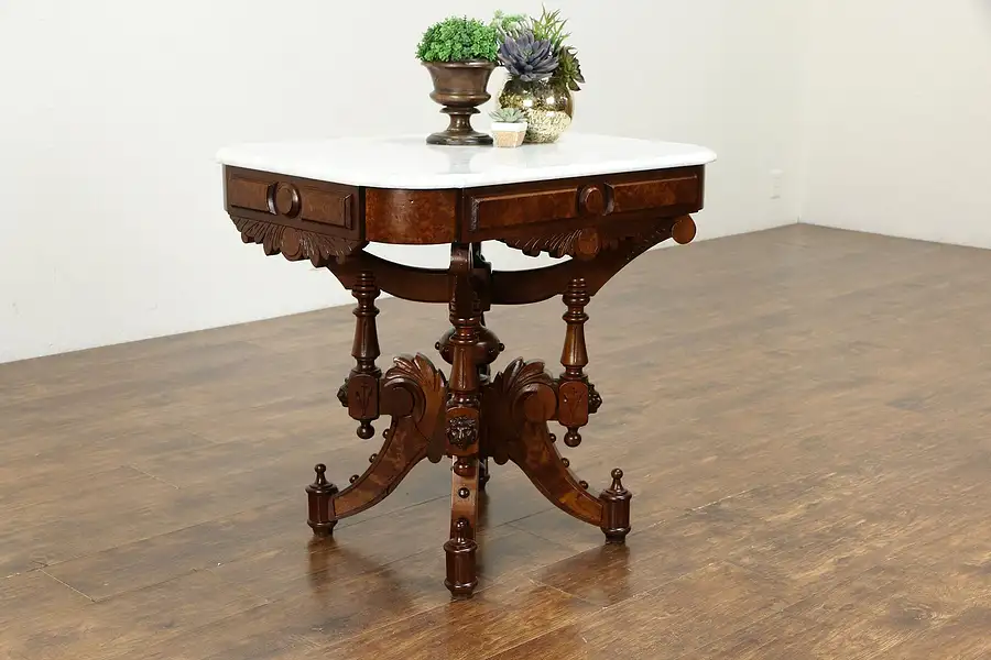 Main image of Victorian Antique Walnut & Burl Hall, Parlor or Lamp Table, Marble Top