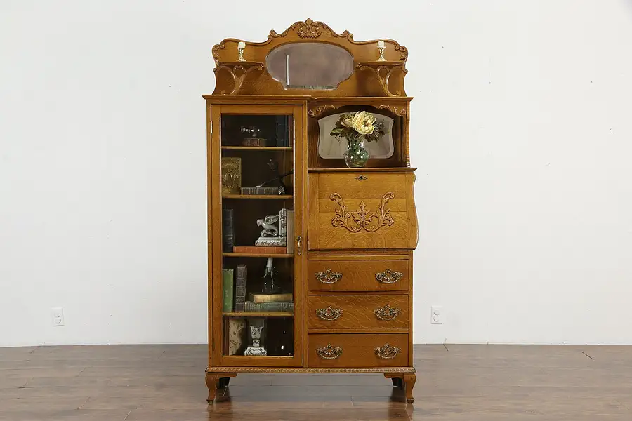 Main image of Oak Antique Side by Side Secretary Desk & Bookcase, Beveled Mirrors