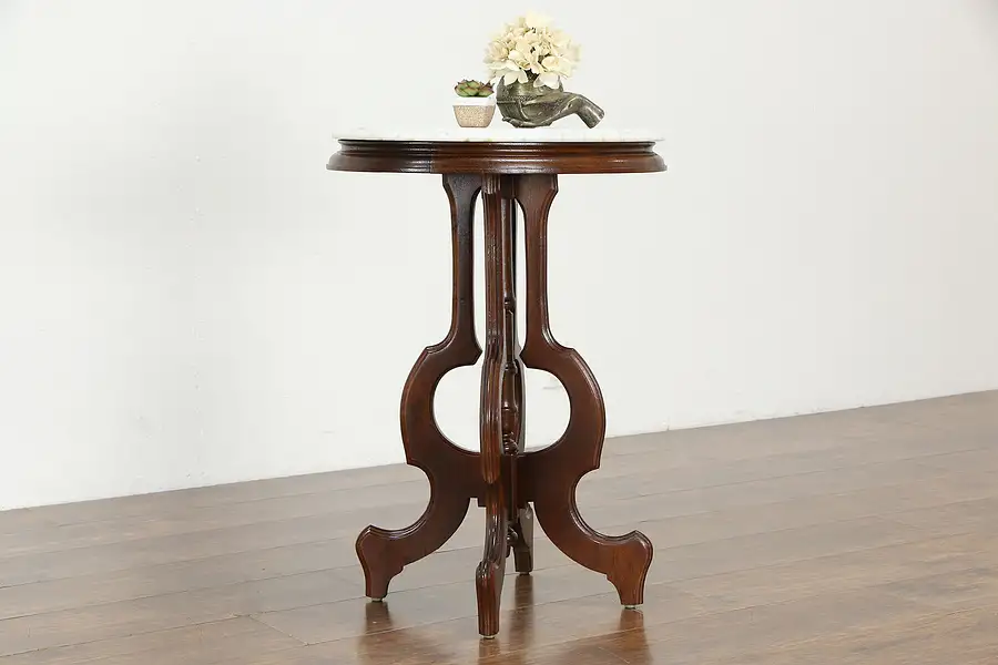 Main image of Victorian Antique Oval Walnut Marble Top Lamp or Parlor Pedestal Table