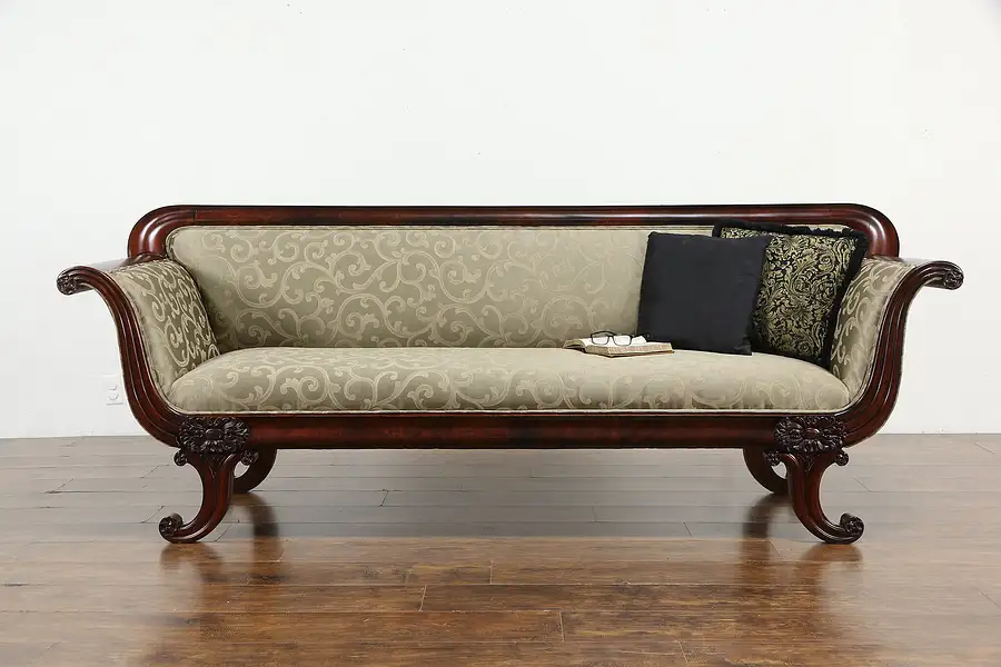 Main image of Empire or Biedermeier Antique Carved Scandinavian Sofa, New Upholstery