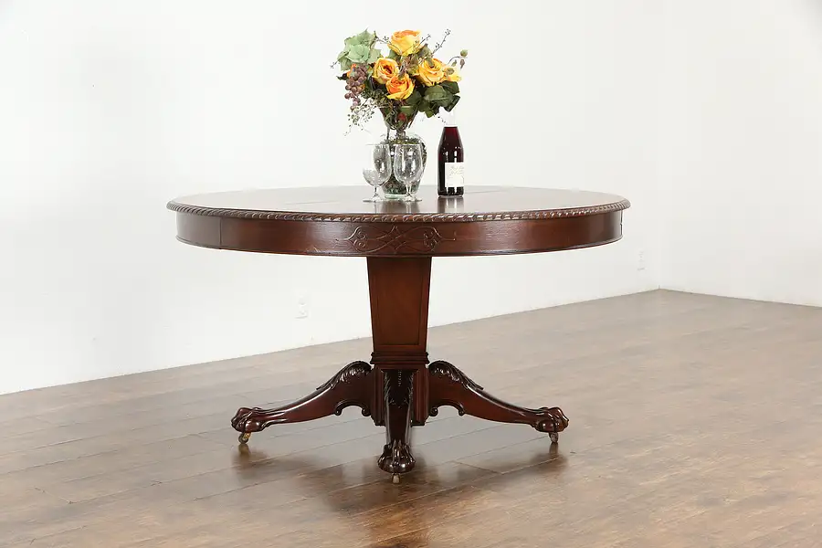 Main image of Classical Antique Mahogany 54" Round Dining Table, 2 Leaves, Carved Feet