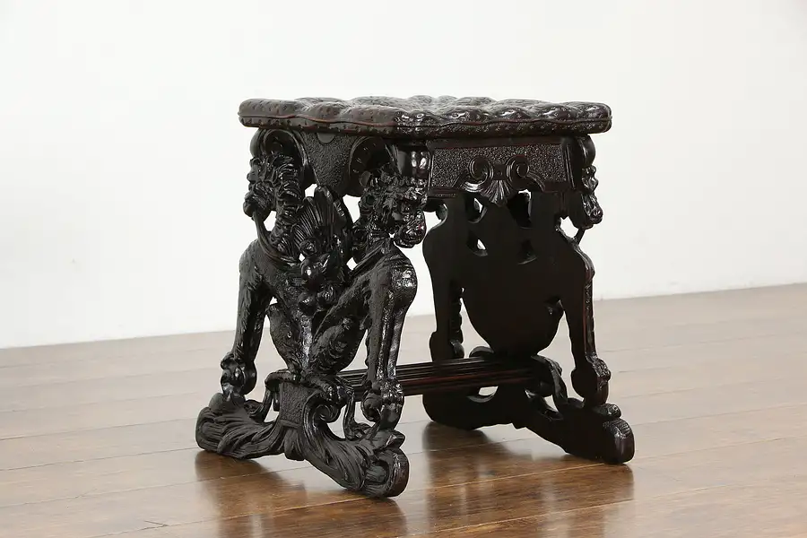 Main image of Mahogany Italian Antique Stool or Bench, Hand Carved Lions & Cushion