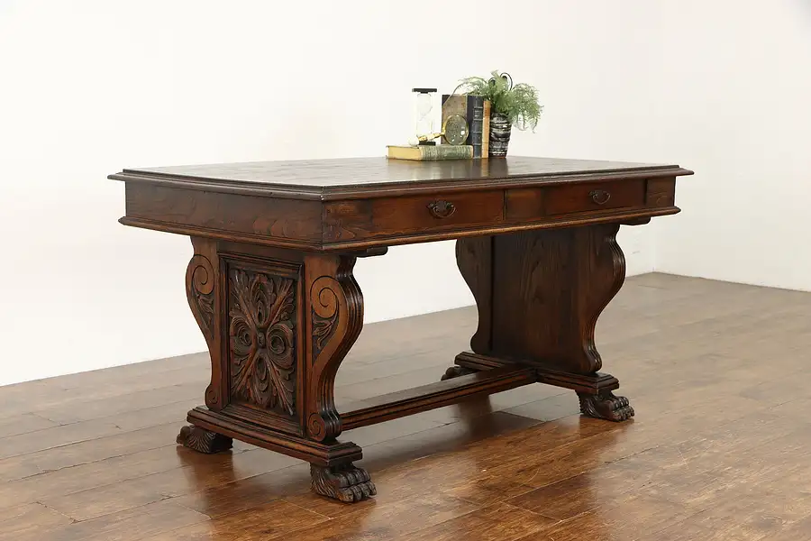 Main image of Renaissance Design Antique Italian Oak Library Table or Desk, Lion Feet