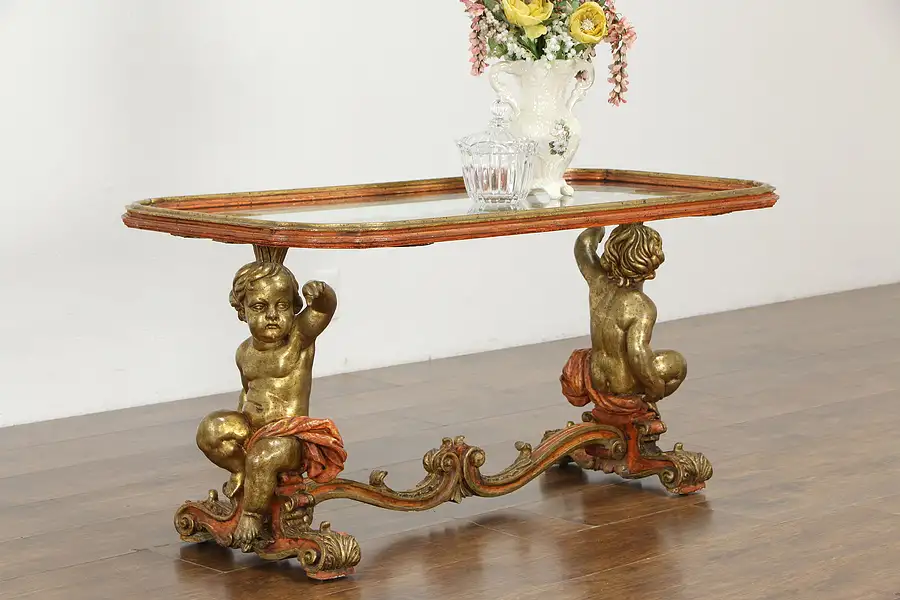 Main image of Italian Vintage Coffee Table, Carved Putti, Cherub or Angel Sculptures