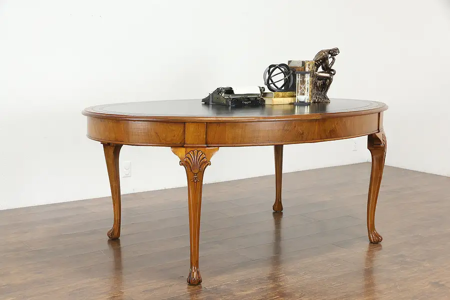 Main image of Oval Vintage English Carved Library or Dining Table, Desk, Leather Top