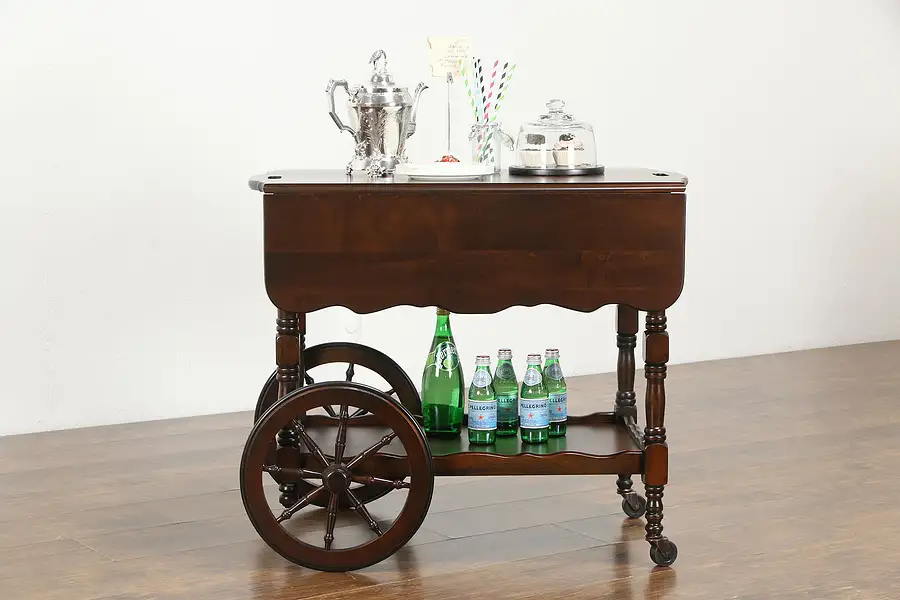 Main image of Maple Vintage Rolling Bar or Tea Cart, Dropleaves, Drawer, Wooden Wheels