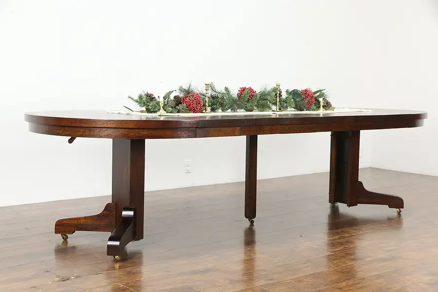 Main image of Arts & Crafts Mission Oak Antique 48" Dining Table, 6 Leaves, Extends 10'