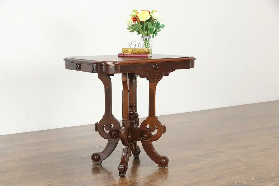 Main image of Victorian Antique 1880's Walnut & Burl Lamp or Parlor Table