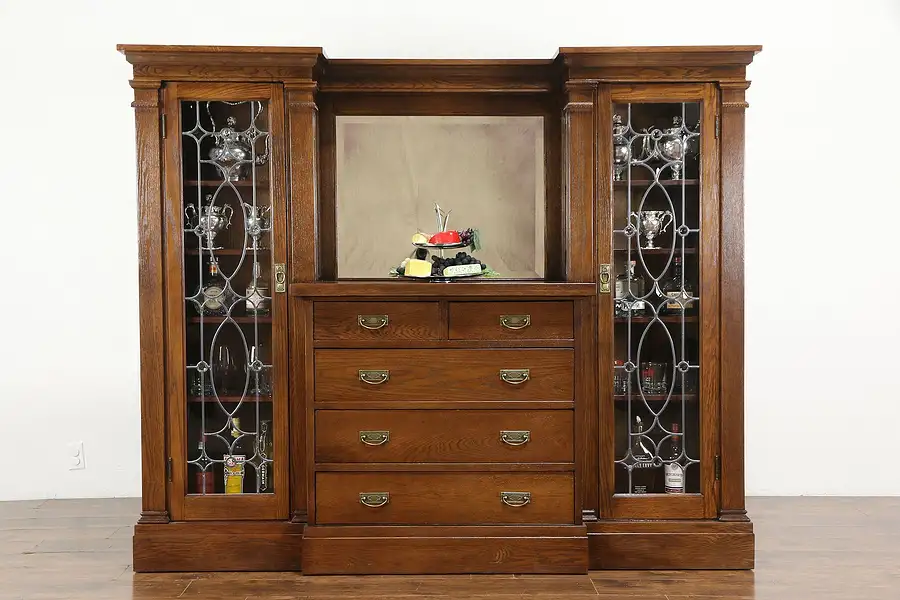 Main image of Oak Antique Sideboard China Cabinet, Back Bar, Leaded Glass Doors