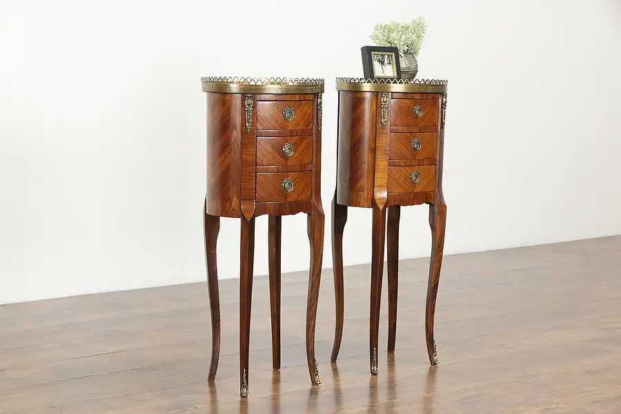 Main image of Pair of Small French Vintage Rosewood Marquetry Nightstands or End Tables