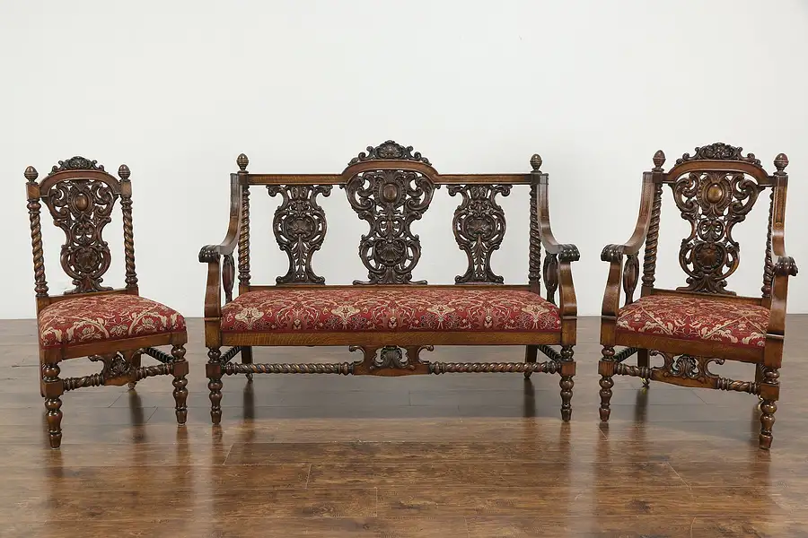 Main image of Renaissance Antique Oak 3 Pc Salon Parlor Set Loveseat or Settee 2 Chairs