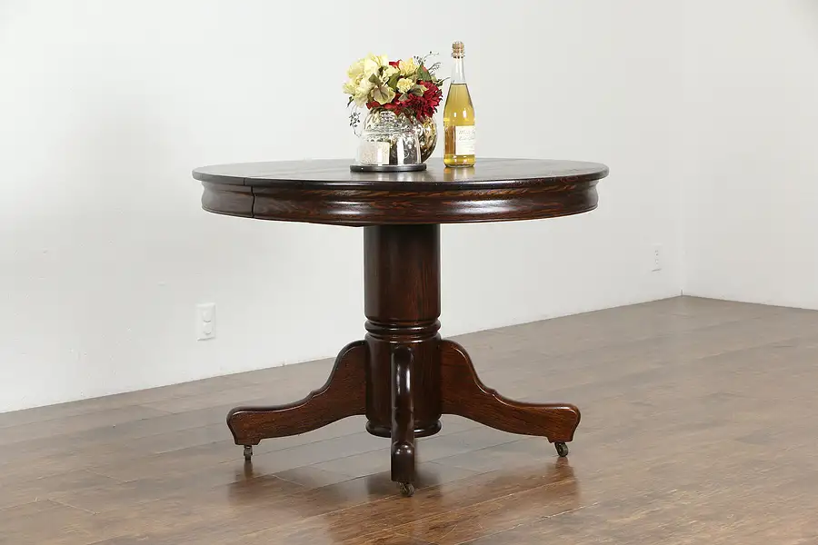 Main image of Victorian Antique Round Oak 42" Pedestal Dining Table, 2 Leaves