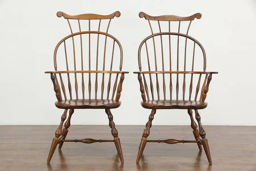 Main image of Pair Vintage Farmhouse Windsor Highback Dining Chairs, Nichols & Stone