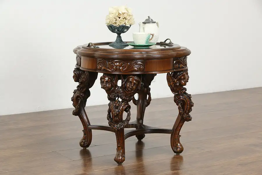 Main image of Walnut Vintage Coffee Table & Tray, Carved Angels, Cupids or Cherubs