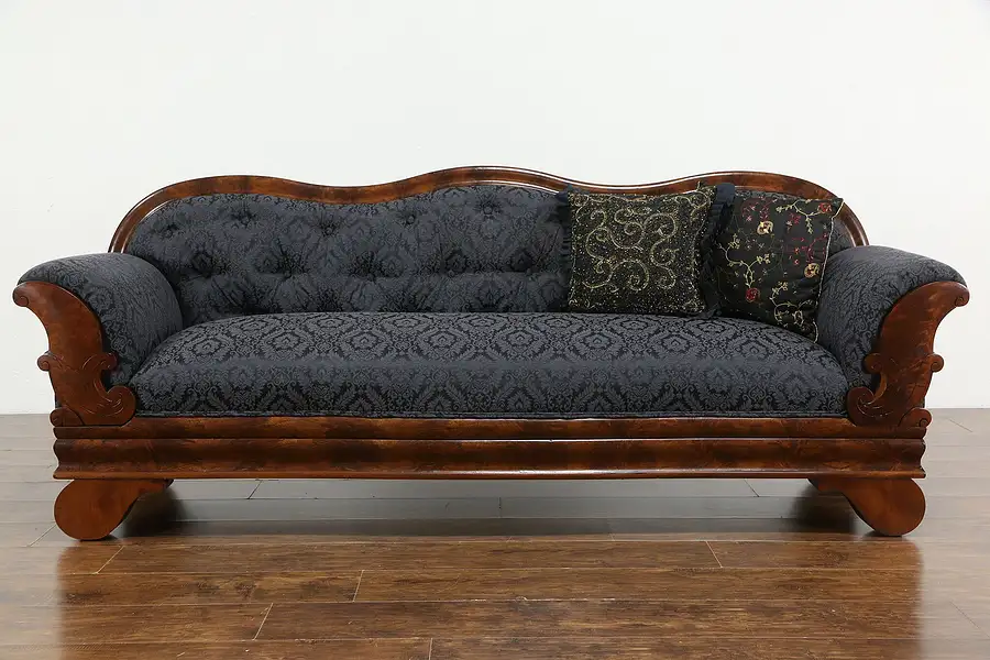 Main image of Empire Antique 1840 Flame Mahogany Sofa, Carved Feet, New Upholstery