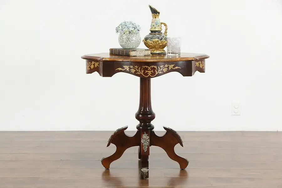 Main image of French Style Vintage Mahogany Marquetry Lamp or Hall Table, Brass Mounts